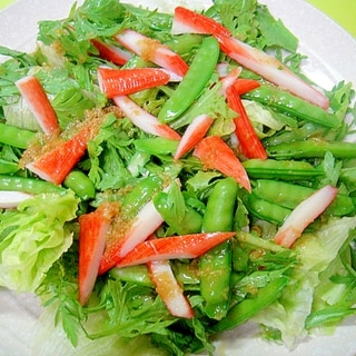 絹さやとカニカマ春菊の生姜醤油サラダ